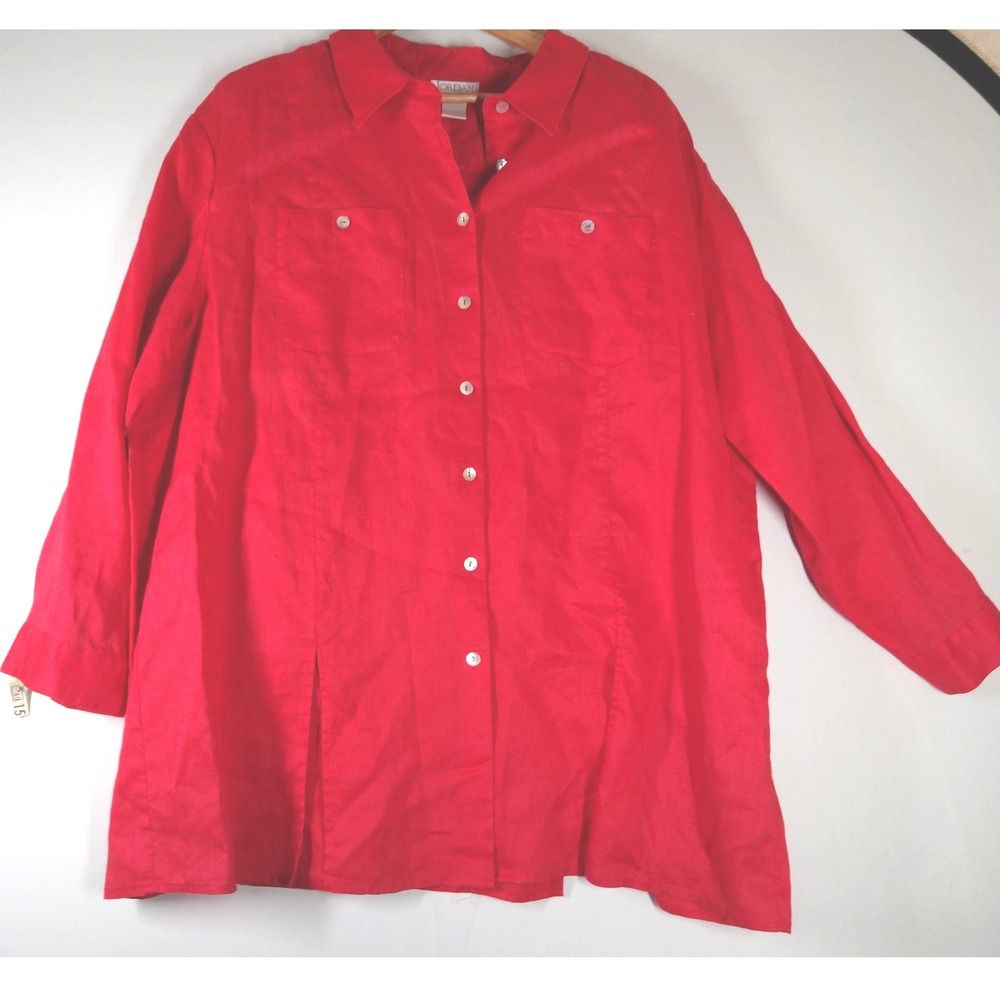 VTG Jordan Linen Button Down Shirt Tunic 2X Cherry Red Roll Tab Sleeve Lagenlook